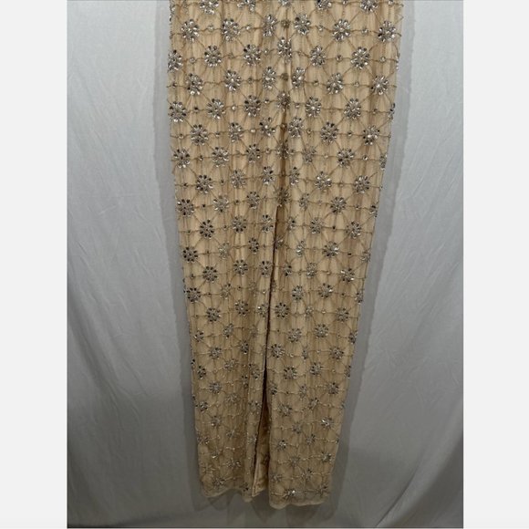 NWT $598 Mac Duggal [ 10 ] Sleeveless Beaded Floral V Neck Gown Nude Silver Q611 - Picture 15 of 16